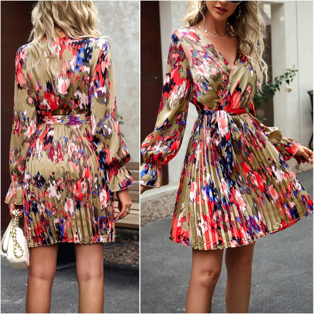 Pleated Perfection Surplice Dress - Tan - Picture 2 of 6